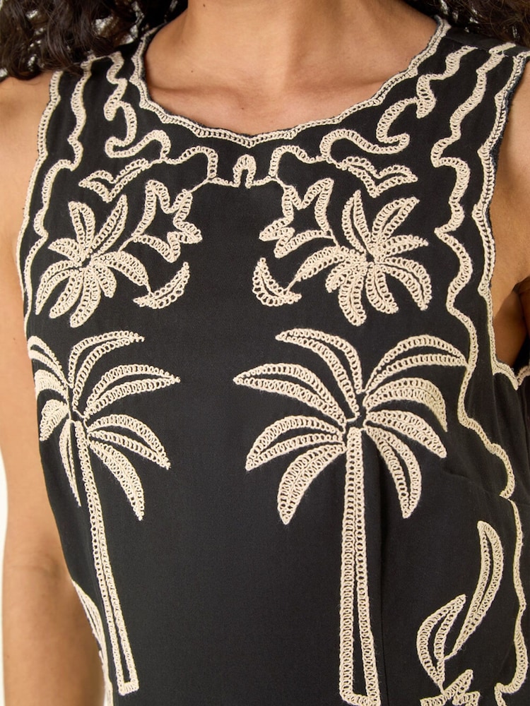 Roman Black Palm Embroidered A-Line Dress - Image 5 of 5