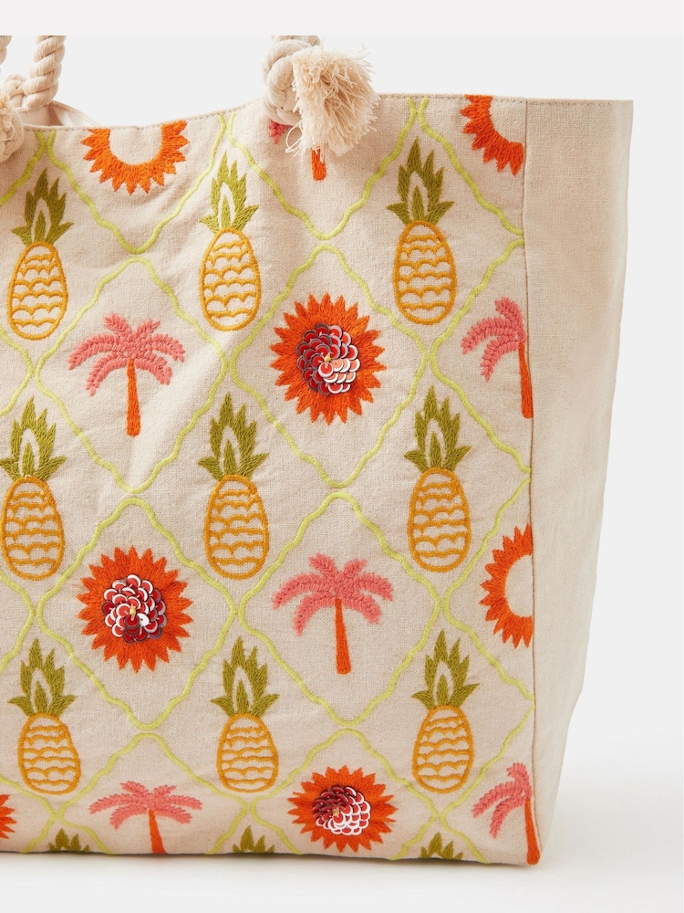 Accessorize Orange Pineapple Embroidered Beach Bag - Image 2 of 3 Accessorize Orange Pineapple Embroidered Beach Bag - Image 2 of 3