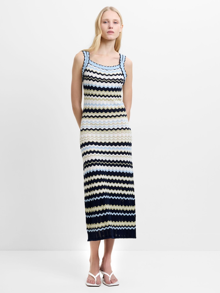 French Connection White Striped London Knit Midi Dress - Image 1 of 6