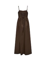 ONLY Brown Tie Back Waist Detail Long Strap Dress in Poplin Cotton - Image 2 of 2