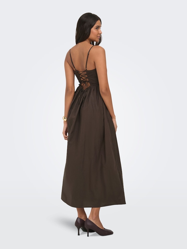 ONLY Brown Tie Back Waist Detail Long Strap Dress in Poplin Cotton - Image 2 of 2 ONLY Brown Tie Back Waist Detail Long Strap Dress in Poplin Cotton - Image 2 of 2