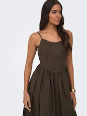 ONLY Brown Tie Back Waist Detail Long Strap Dress in Poplin Cotton - Image 3 of 7