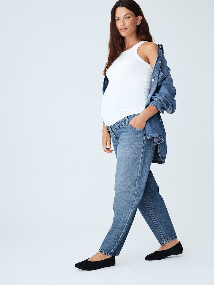 Mid Blue Over Bump Barrel Leg Maternity Jeans - Image 1 of 5