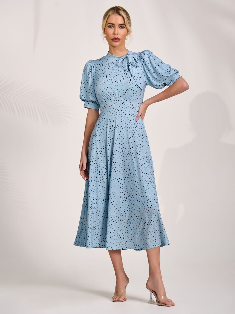 Jolie Moi Blue Tie Neck Puffy Sleeve Jersey Midi Dress - Image 1 of 6