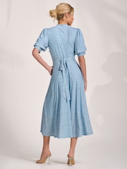 Jolie Moi Blue Tie Neck Puffy Sleeve Jersey Midi Dress - Image 2 of 6