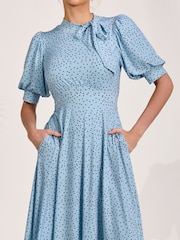 Jolie Moi Blue Tie Neck Puffy Sleeve Jersey Midi Dress - Image 3 of 6