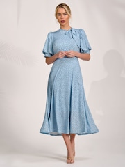 Jolie Moi Blue Tie Neck Puffy Sleeve Jersey Midi Dress - Image 4 of 6