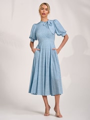 Jolie Moi Blue Tie Neck Puffy Sleeve Jersey Midi Dress - Image 5 of 6