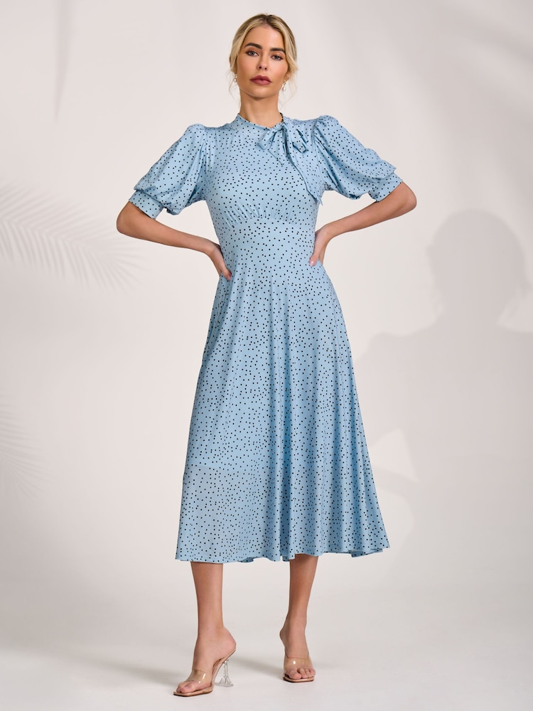 Jolie Moi Blue Tie Neck Puffy Sleeve Jersey Midi Dress - Image 6 of 6