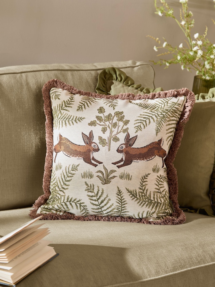 Wylder Fable Rabbits Embroidered Cotton Feather Filled Cushion - Image 1 of 6