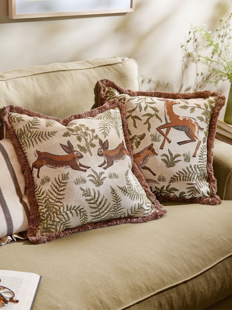 Wylder Fable Rabbits Embroidered Cotton Feather Filled Cushion - Image 2 of 6