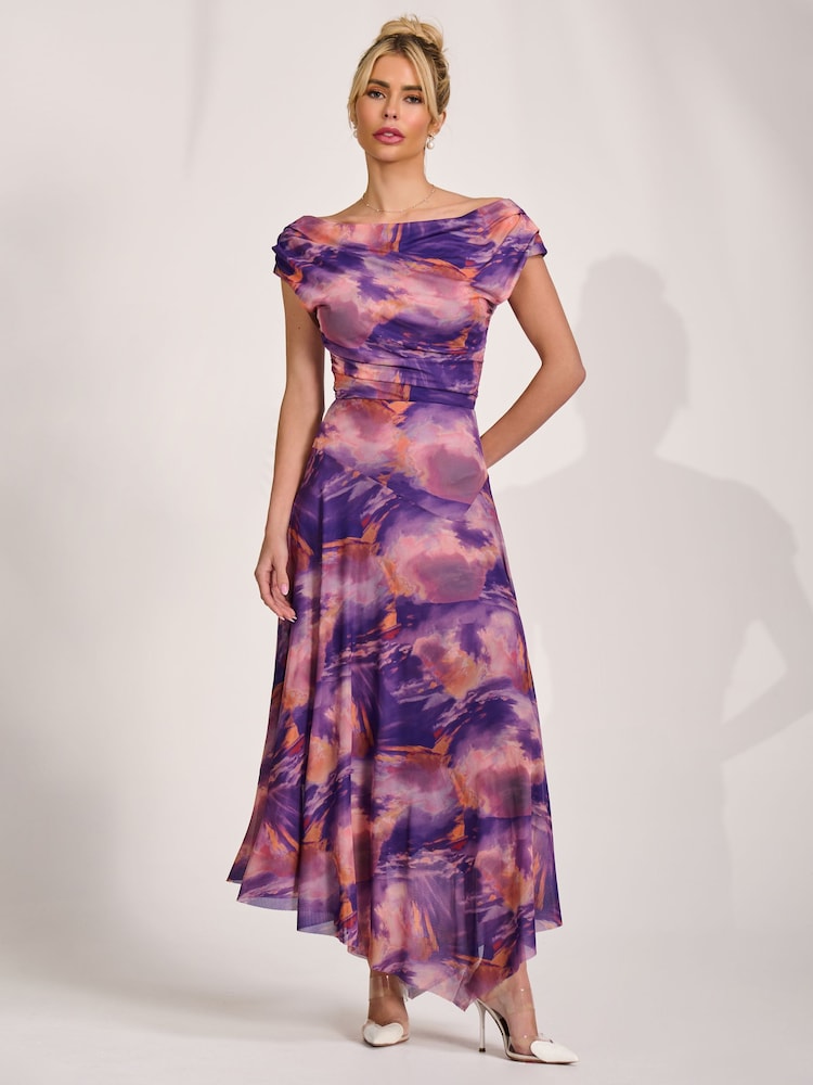 Jolie Moi Purple Asymmetrical Draped Mesh Maxi Dress - Image 1 of 6 Jolie Moi Purple Asymmetrical Draped Mesh Maxi Dress - Image 1 of 6