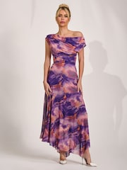 Jolie Moi Purple Asymmetrical Draped Mesh Maxi Dress - Image 4 of 6