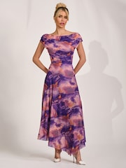 Jolie Moi Purple Asymmetrical Draped Mesh Maxi Dress - Image 5 of 6