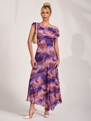 Jolie Moi Purple Asymmetrical Draped Mesh Maxi Dress - Image 6 of 6