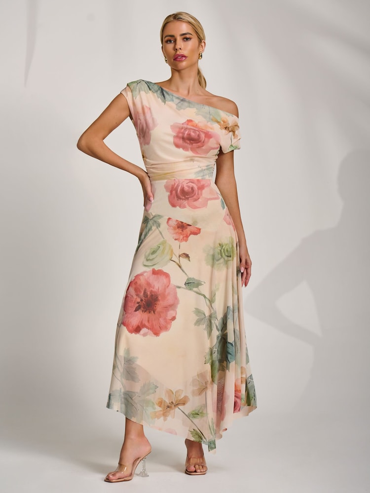 Jolie Moi Yellow Asymmetrical Draped Mesh Maxi Dress - Image 1 of 6