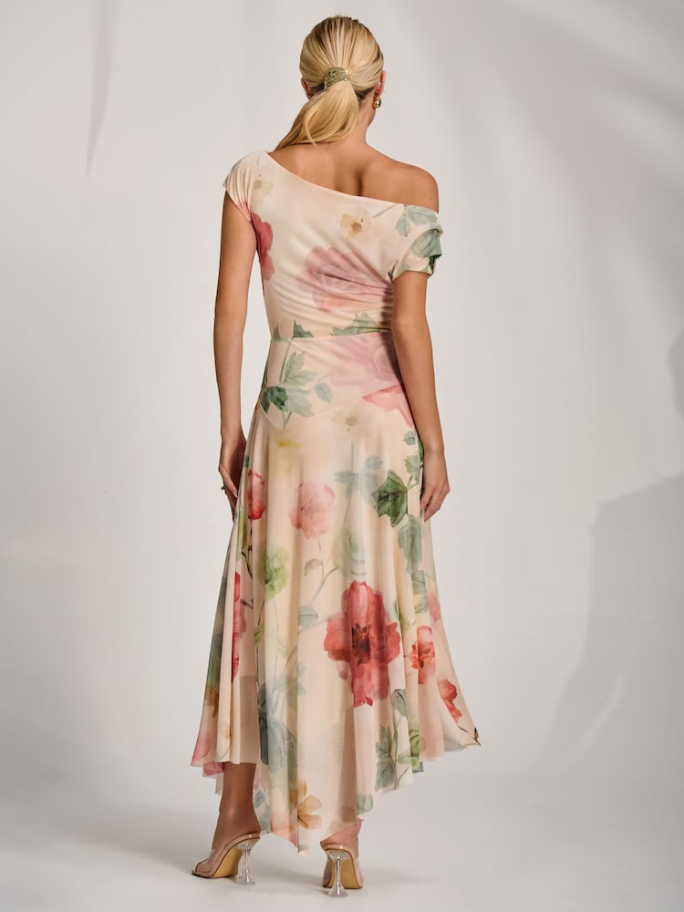 Jolie Moi Yellow Asymmetrical Draped Mesh Maxi Dress - Image 2 of 6