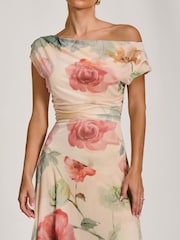 Jolie Moi Yellow Asymmetrical Draped Mesh Maxi Dress - Image 3 of 6