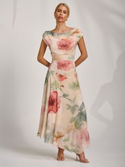 Jolie Moi Yellow Asymmetrical Draped Mesh Maxi Dress - Image 4 of 6