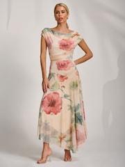 Jolie Moi Yellow Asymmetrical Draped Mesh Maxi Dress - Image 6 of 6