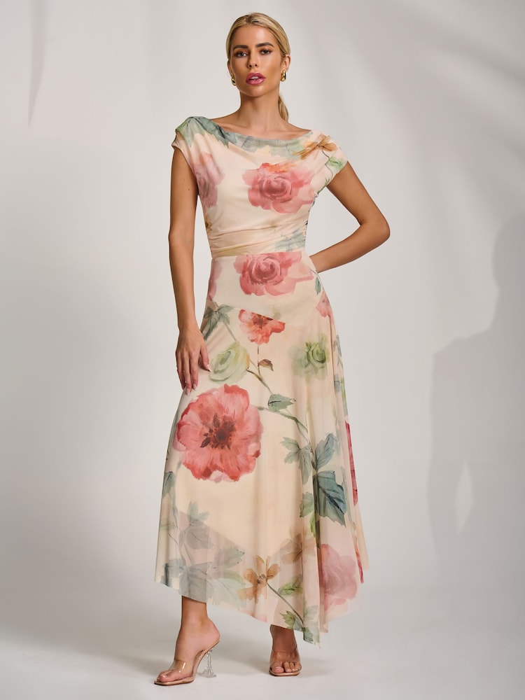 Jolie Moi Yellow Asymmetrical Draped Mesh Maxi Dress - Image 6 of 6