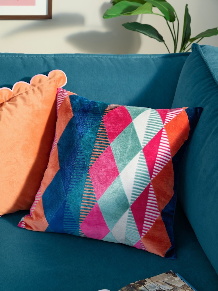 Furn Multicoloured Metro Harlequin Velvet Fibre Filled Cushion - Image 1 of 6