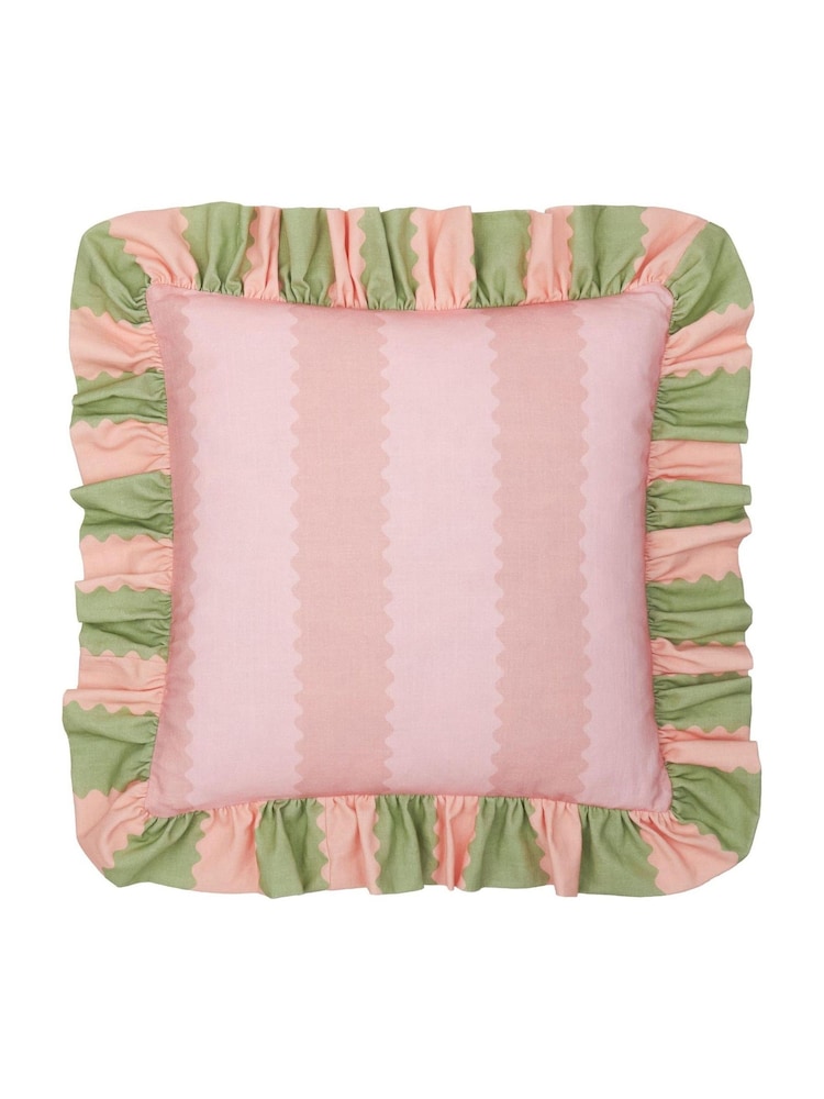 Wylder Pink/Green Birdie Stripe Ruffle Fibre Filled Cushion - Image 2 of 4