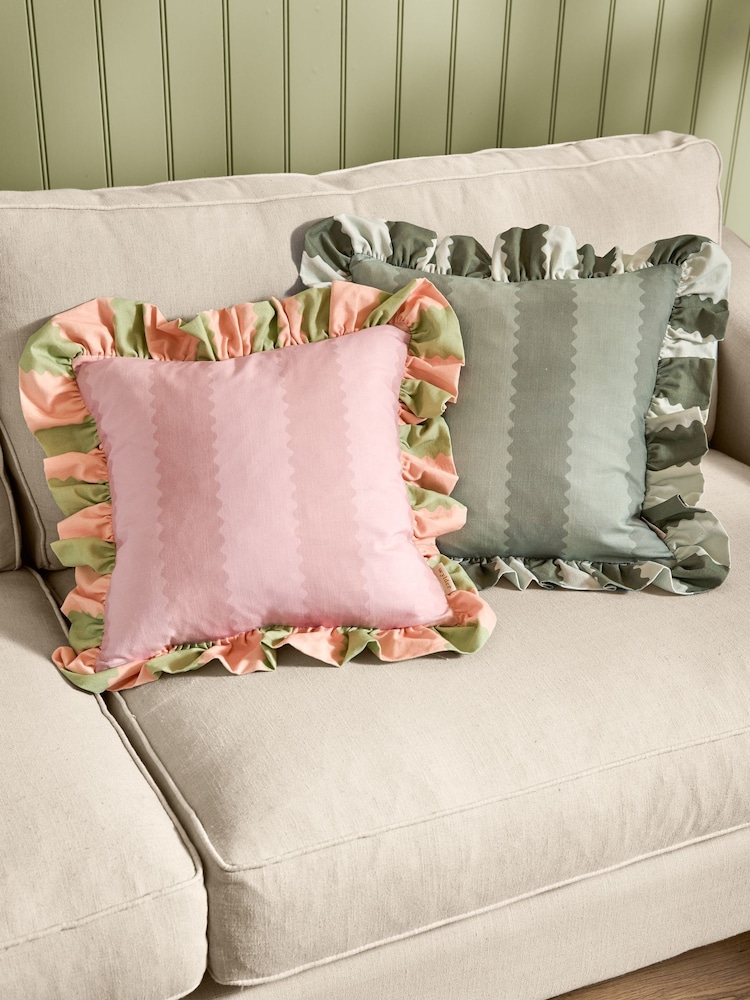 Wylder Pink/Green Birdie Stripe Ruffle Fibre Filled Cushion - Image 4 of 4