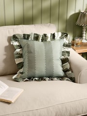 Wylder Bay Green/Mist Birdie Stripe Ruffle Feather Filled Cushion - Image 1 of 4