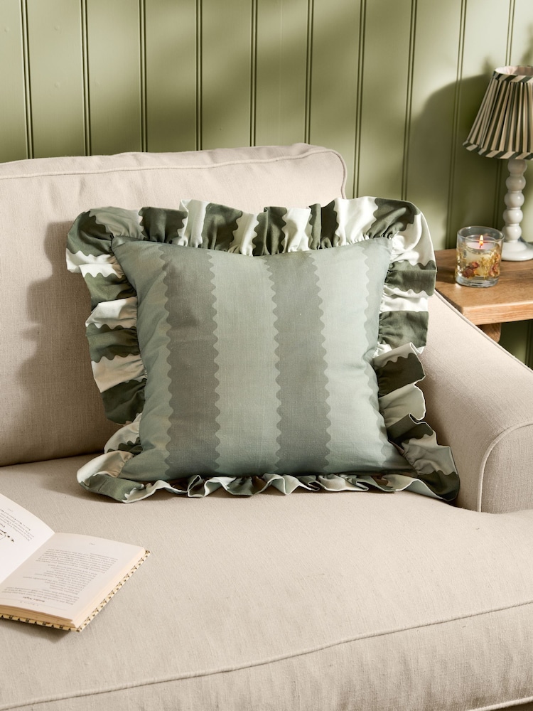 Wylder Bay Green/Mist Birdie Stripe Ruffle Feather Filled Cushion - Image 1 of 4 Wylder Bay Green/Mist Birdie Stripe Ruffle Feather Filled Cushion - Image 1 of 4