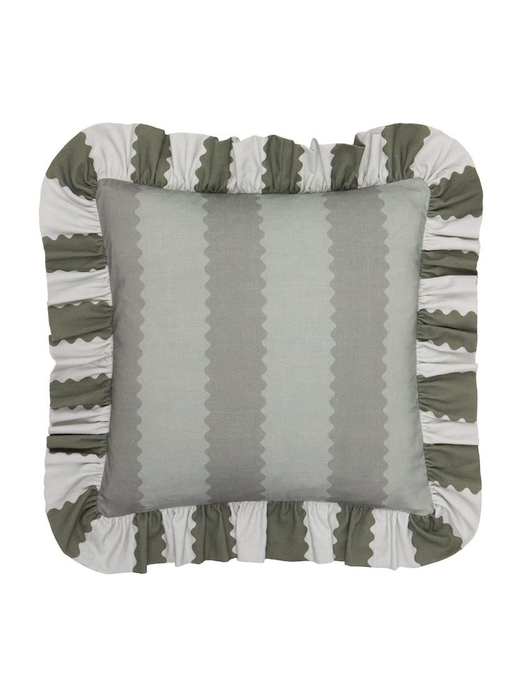 Wylder Bay Green/Mist Birdie Stripe Ruffle Feather Filled Cushion - Image 2 of 4 Wylder Bay Green/Mist Birdie Stripe Ruffle Feather Filled Cushion - Image 2 of 4