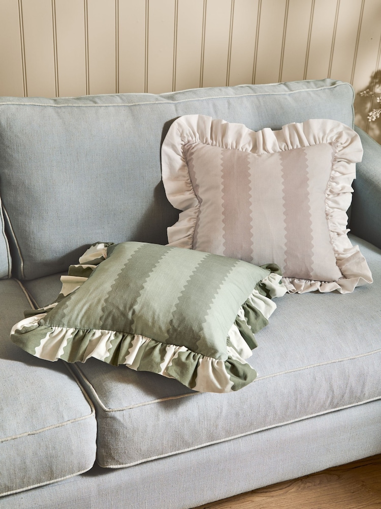 Wylder Bay Green/Mist Birdie Stripe Ruffle Feather Filled Cushion - Image 4 of 4 Wylder Bay Green/Mist Birdie Stripe Ruffle Feather Filled Cushion - Image 4 of 4