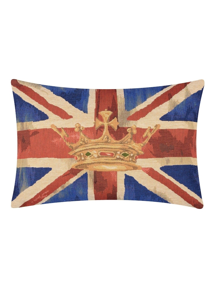Evans Lichfield Blue Crown Union Jack Tapestry Fibre Filled Cushion - Image 1 of 4 Evans Lichfield Blue Crown Union Jack Tapestry Fibre Filled Cushion - Image 1 of 4