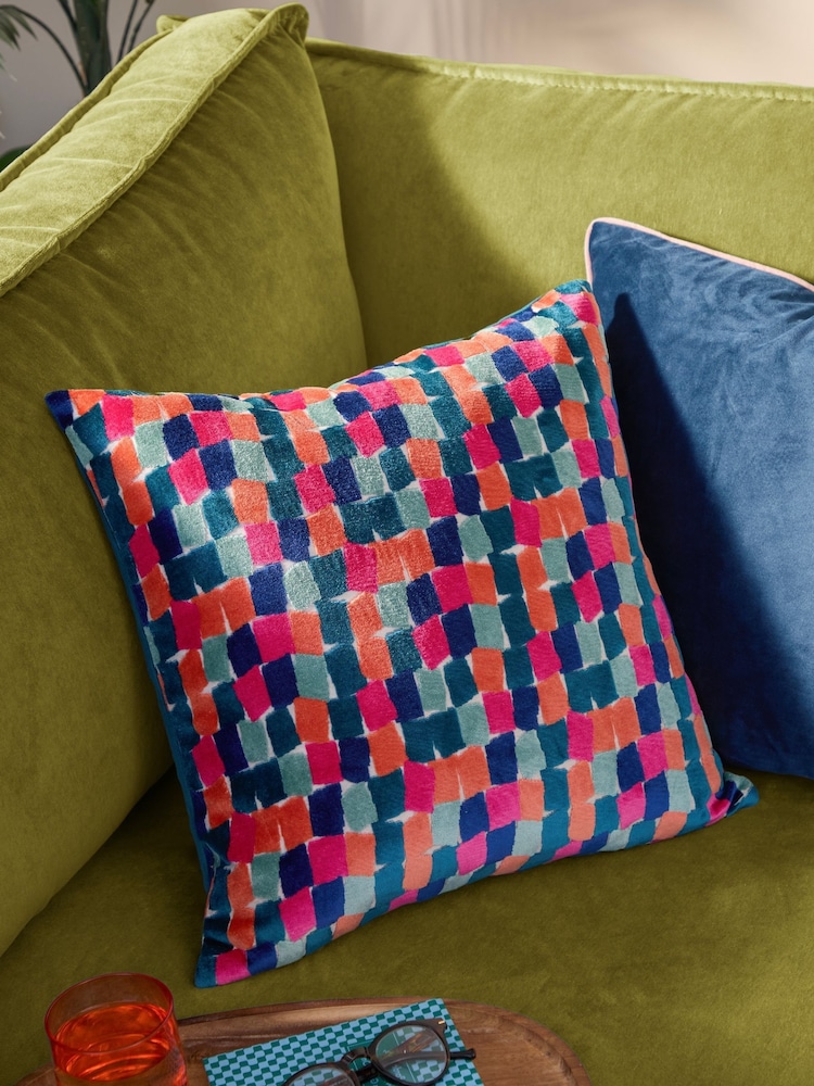 Furn Multicoloured Metro Blocks Velvet Jacquard Fibre Filled Cushion - Image 1 of 6 Furn Multicoloured Metro Blocks Velvet Jacquard Fibre Filled Cushion - Image 1 of 6