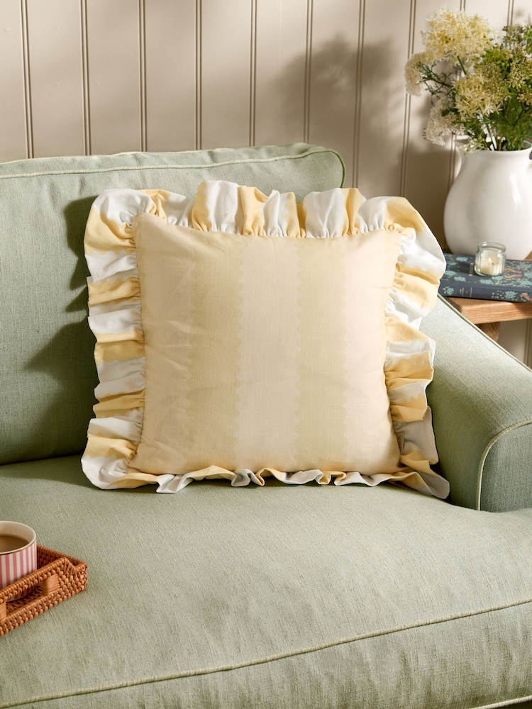 Wylder Butter Yellow Birdie Stripe Ruffle Feather Filled Cushion - Image 1 of 4 Wylder Butter Yellow Birdie Stripe Ruffle Feather Filled Cushion - Image 1 of 4