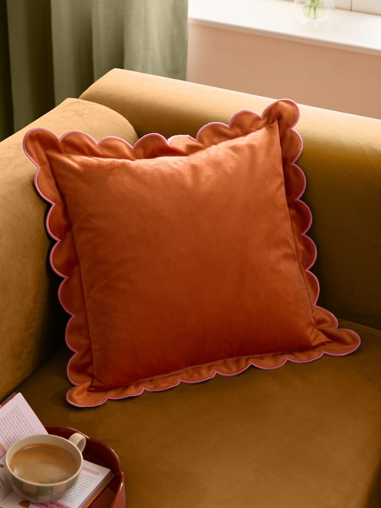 Furn Orange or Pink Lil Scallop Velvet Fibre Filled Cushion - Image 1 of 6
