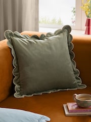 Furn Green/Natural Lil Scallop Velvet Fibre Filled Cushion 45x45cm - Image 1 of 6