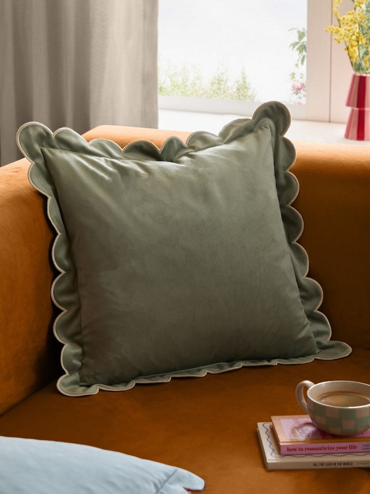 Furn Green/Natural Lil Scallop Velvet Fibre Filled Cushion 45x45cm - Image 1 of 6