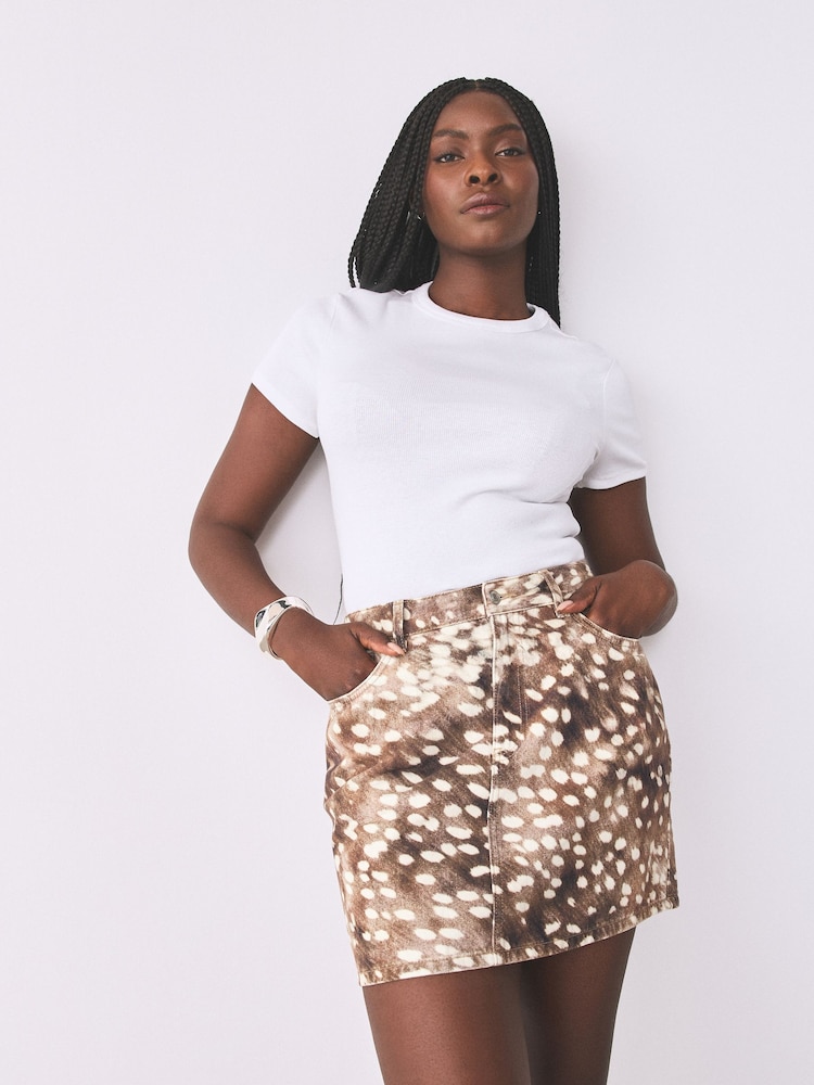 Animal Deer Print Hourglass Denim Mini Skirt - Image 1 of 7 Animal Deer Print Hourglass Denim Mini Skirt - Image 1 of 7