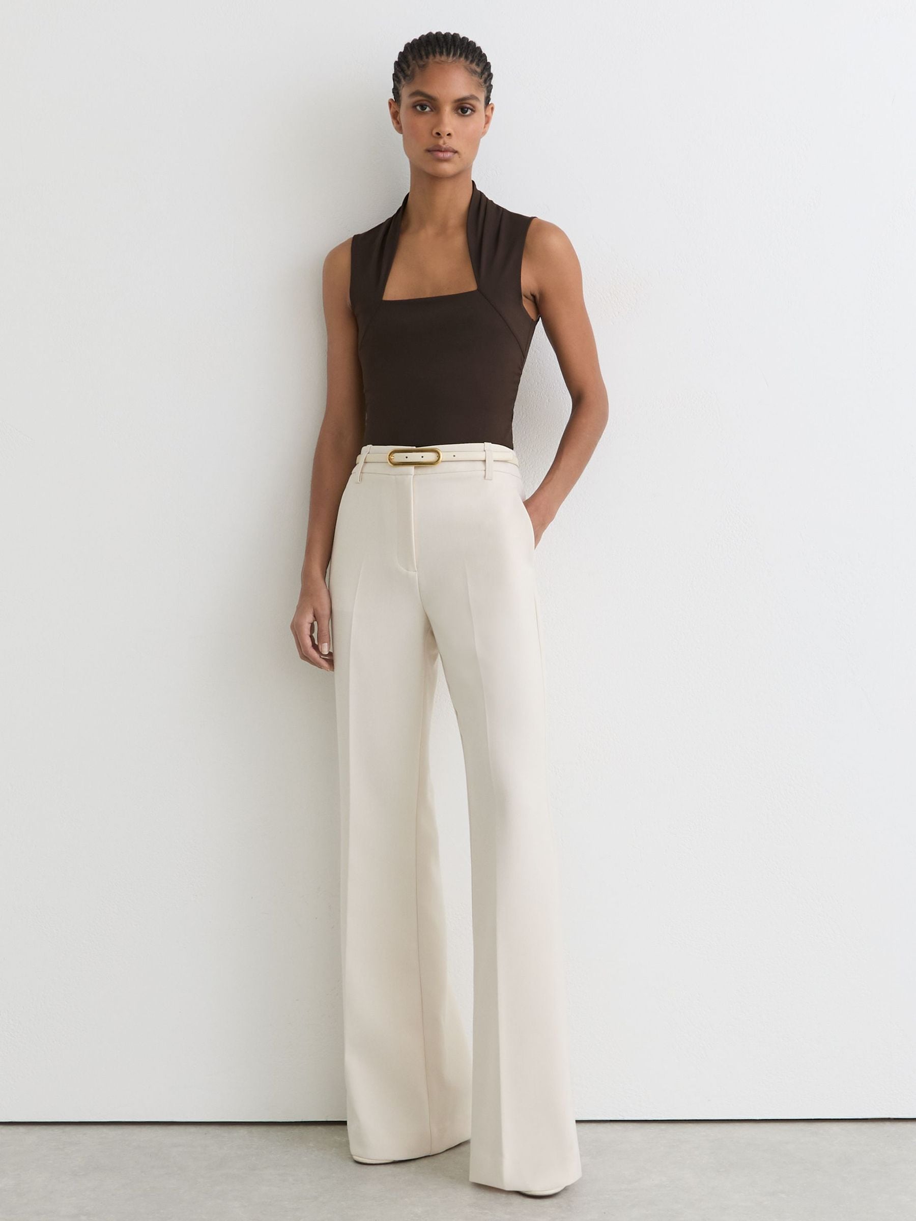 Buy Reiss Chocolate Brown Harri Square-Neck Ruched Sleeveless Top