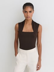 Reiss Chocolate Brown Harri Square-Neck Ruched Sleeveless Top - Image 4 of 6
