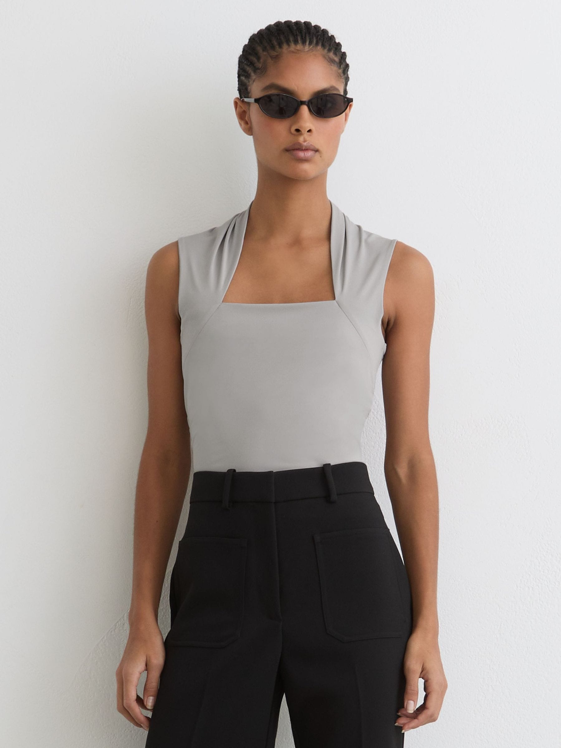 Reiss Grey Square-neck Ruched Sleeveless Top In Gray