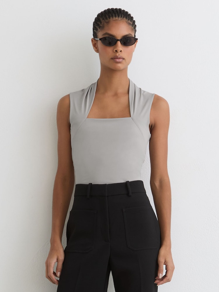 Reiss Grey Harri Square-Neck Ruched Sleeveless Top - Image 1 of 6