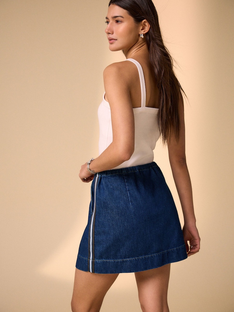 Dark Blue Side Stripe Pull On Lightweight Denim Skirt - Image 2 of 7 Dark Blue Side Stripe Pull On Lightweight Denim Skirt - Image 2 of 7
