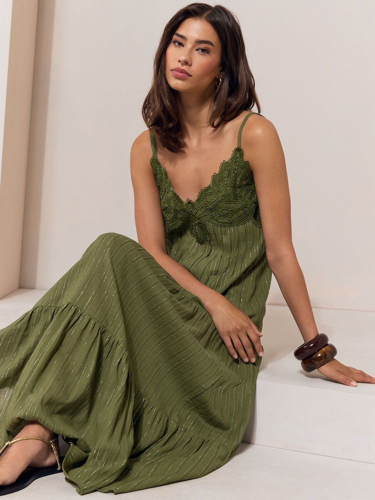 Lipsy Khaki Green Crochet Trim V-Neck Strappy Sparkle Metallic Maxi Dress - Image 2 of 5