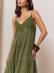 Lipsy Khaki Green Crochet Trim V-Neck Strappy Sparkle Metallic Maxi Dress - Image 3 of 5
