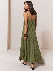 Lipsy Khaki Green Crochet Trim V-Neck Strappy Sparkle Metallic Maxi Dress - Image 5 of 5