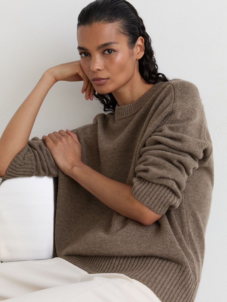 Reiss Dark Neutral Riley Wool-Cashmere Crew-Neck Raglan Jumper - Image 1 of 8 Reiss Dark Neutral Riley Wool-Cashmere Crew-Neck Raglan Jumper - Image 1 of 8