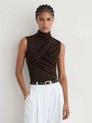 Reiss Chocolate Brown Wanda Ruched High-Neck Top - Image 1 of 6