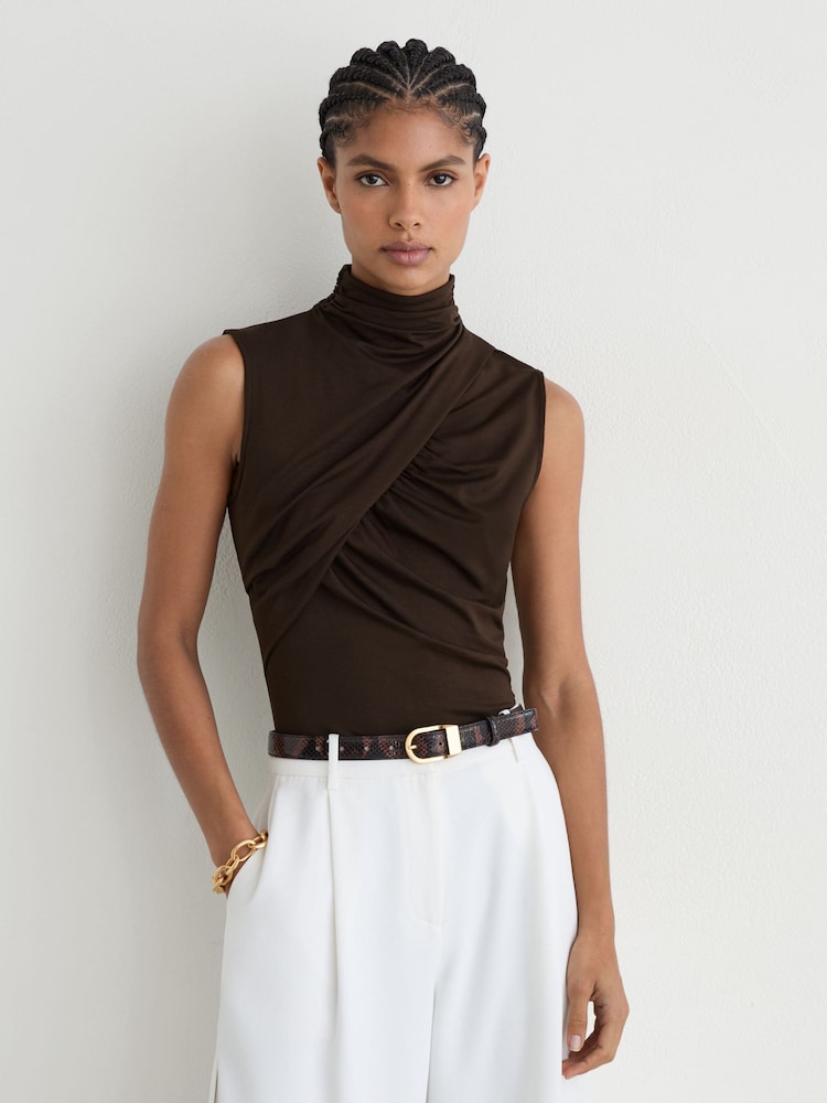 Reiss Chocolate Brown Wanda Ruched High-Neck Top - Image 1 of 6